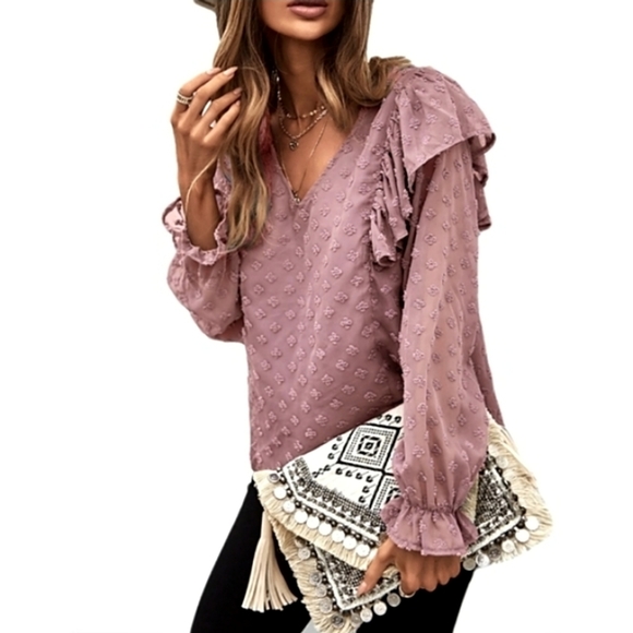 V- NECK LONG SLEEVE TOP WITH SWISS DOTS - Picture 3 of 7